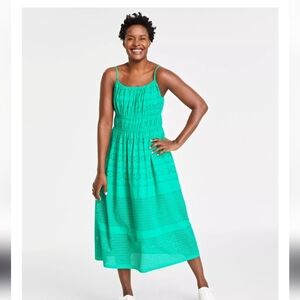 ON 34th Women's Green Cotton Eyelet Smocked-Waist Dress Sz L